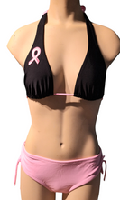 Load image into Gallery viewer, Black Pink Ribbon Sliding Halter Top &amp; Drawstring Hipster Bikini Bottom. X-Small
