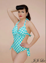 Load image into Gallery viewer, Turquoise Gingham Hipster Bikini Bottom. Small
