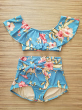 Load image into Gallery viewer, Blue Hawaii Ruffle Crop Top &amp; High Waist Sash Tie Bottom
