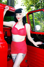 Load image into Gallery viewer, Red Mini Dots High Waist Ruched Skirt Front Bikini Bottom with Ruffle Trim
