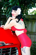 Load image into Gallery viewer, Red Mini Dots High Waist Ruched Skirt Front Bikini Bottom with Ruffle Trim
